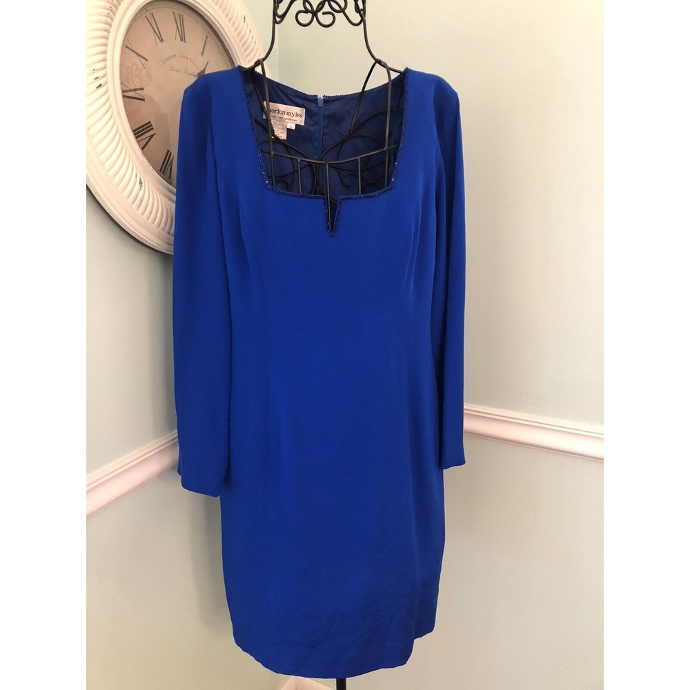 Silk Dress Morton Myles Electric Blue‎ V Neck Sequin Lined sz 12 Long Sleeve